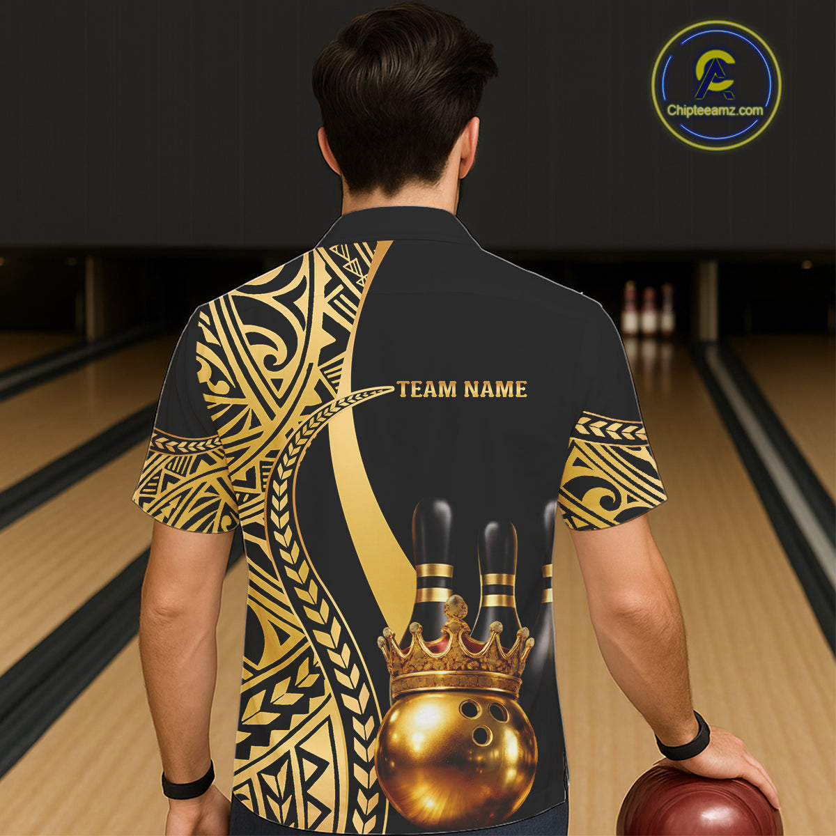 Black and Gold crown Bowling ball pins Hawaiian Shirts Custom Bowling Team jerseys NQS11592
