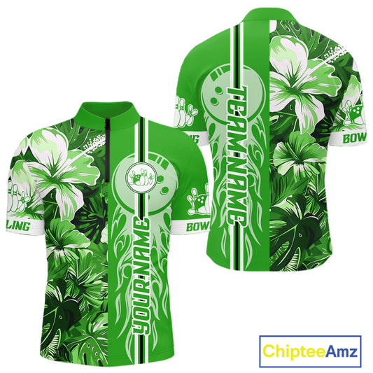 Green tropical flower Flame Bowling Polo, Quarter Zip Shirts For Men Custom Bowler Gift Bowling Team NQS10991