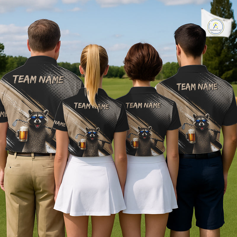 Funny Raccoon Golf Polo Shirt Custom Name Golf Beer Polo Gift For Men Black Beige Golf Jersey NHT891