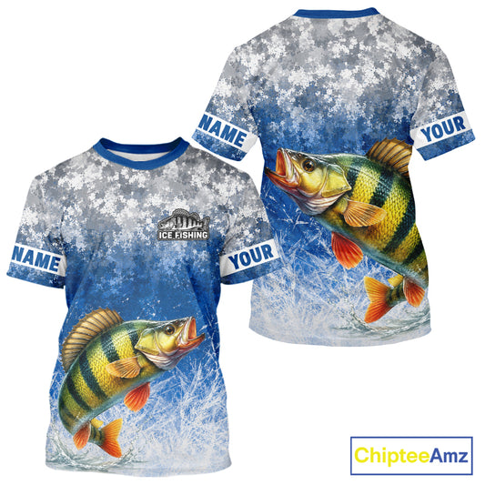 Ice Fishing Shirt With Yellow Perch & Winter Camo Design, Fishing Shirts Short Sleeve For Men NHT1376