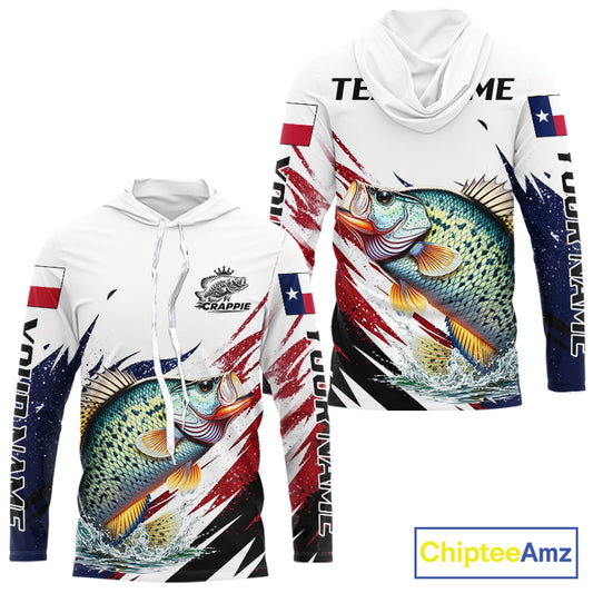 Custom Texas Flag Crappie Fishing Shirts, Texas Crappie Fishing Shirts Long Sleeve Hooded For Team NHT910