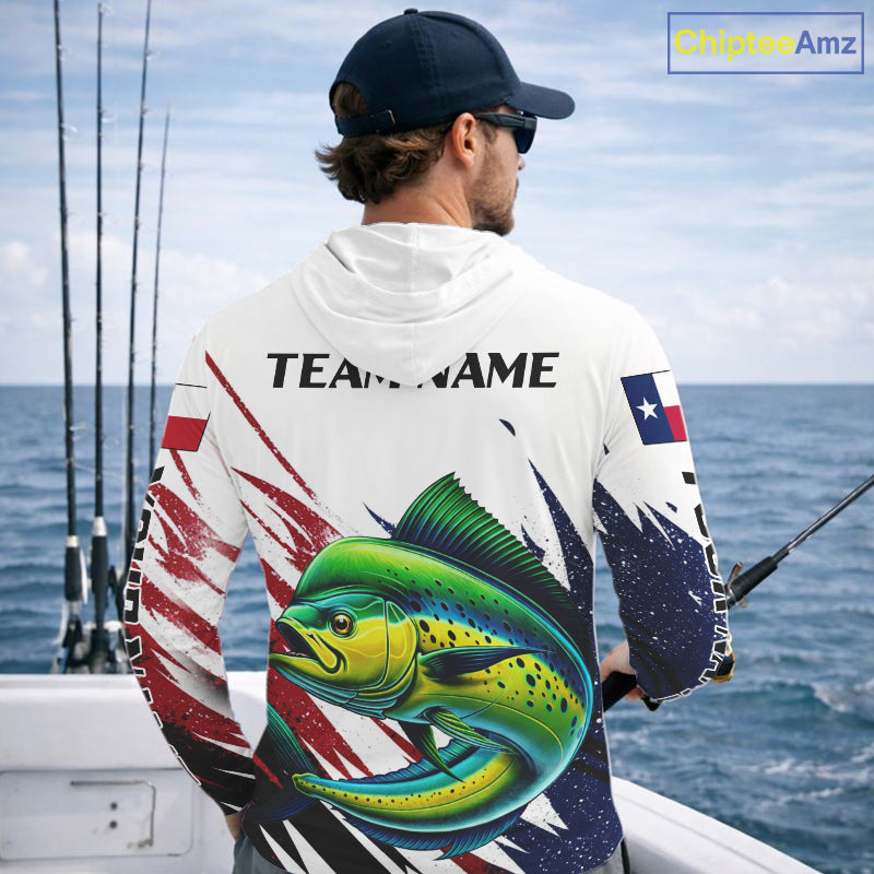 Custom Texas Flag Mahi Mahi Fishing Shirts, Texas Dolphin Fishing Shirts Long Sleeve Hooded For Team NHT915
