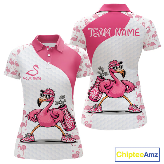 Funny Pink Flamingo Womens Golf Polo Shirt Custom Pink And White Golf Shirt For Team NHT545