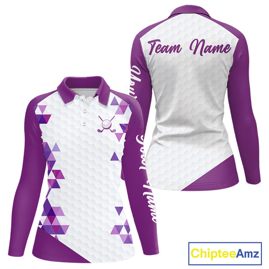 Custom Purple Geometric Womens Golf Polo Shirt, Personalized Team Name Golf Polo Shirt NHT554
