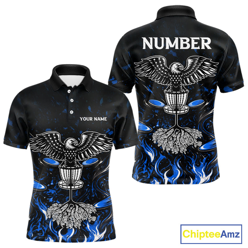 Personalized Mens Disc Golf Polo Shirt With Eagle Design, Customizable Name, Unisex Sports Jersey For Men|Blue NHT811