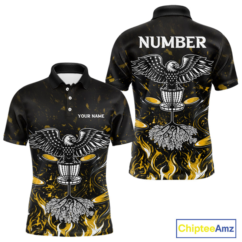 Personalized Mens Disc Golf Polo Shirt With Eagle Design, Customizable Name, Unisex Sports Jersey For Men|Yellow NHT812