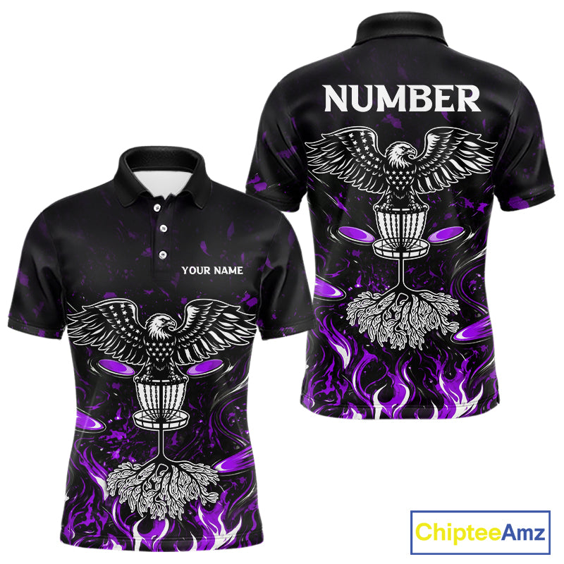 Personalized Mens Disc Golf Polo Shirt With Eagle Design, Customizable Name, Unisex Sports Jersey For Men|Purple NHT813