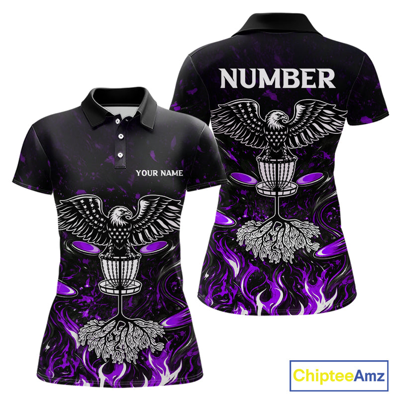 Personalized Womens Disc Golf Polo Shirt With Eagle Design, Customizable Name, Unisex Sports Jersey For Womens|Purple NHT813