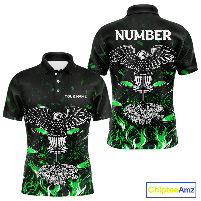 Personalized Mens Disc Golf Polo Shirt With Eagle Design, Customizable Name, Unisex Sports Jersey For Men|Green NHT814
