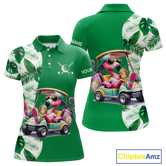 Personalized Tropical Leaf Green Golf Cart Design, Custom Flamingo Funny Womens Golf Polo Shirt NHT596