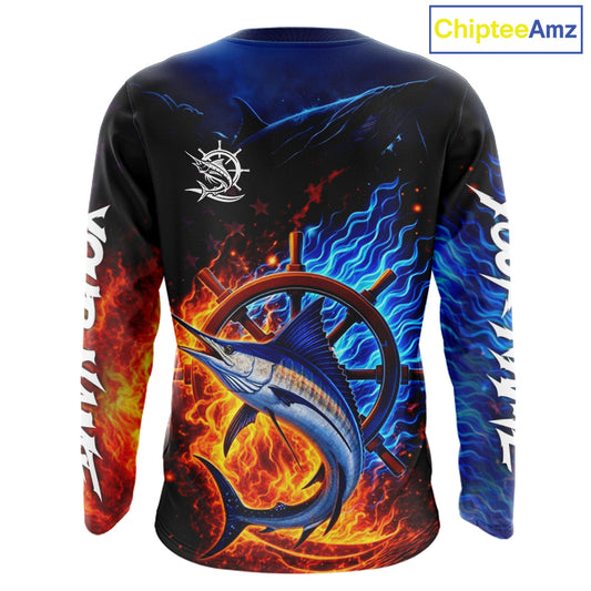 Marlin Fishing Shirt Long Sleeve Blue Fire Flame Smoke Personalized Name, Best Fishing Gift NHT427