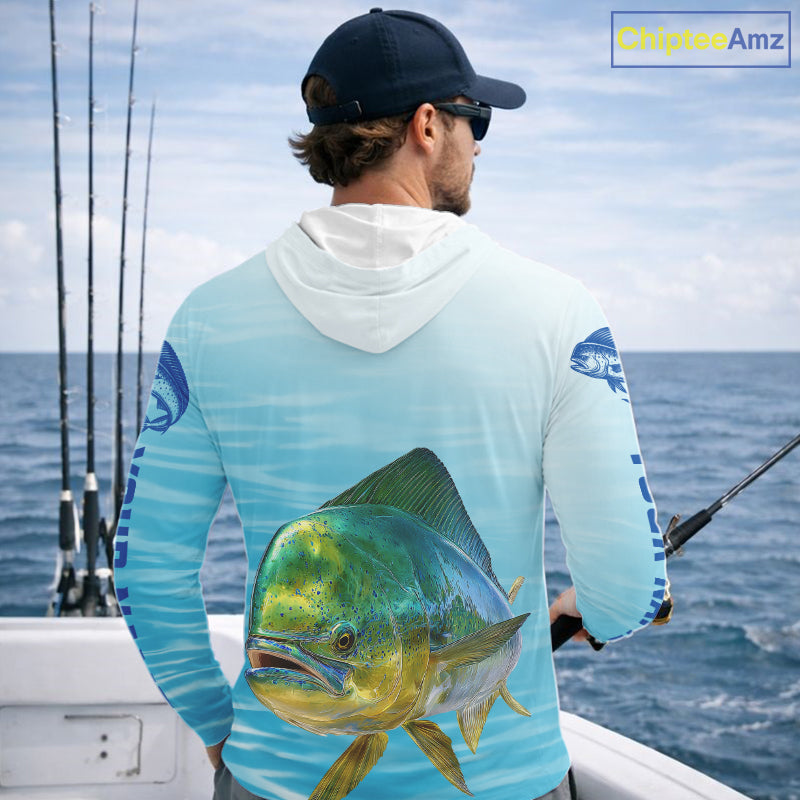 Hooded Mahi Mahi Ocean Blue Performance Fishing Shirt, Mahi Mahi Tournament Fishing Shirts NHT615