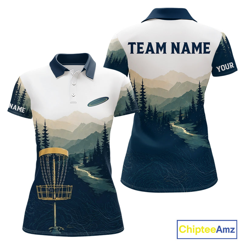 Green Mountain Landscape Disc Golf Womens Polo Shirt Custom Forest Disc Golf Shirt For Women NHT838