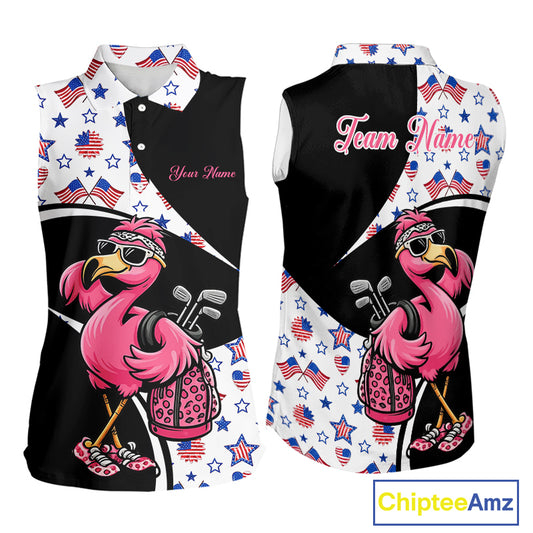 Funny Pink Flamingo Pattern American Flag Sleeveless Womens Golf Polo Shirt, Custom Flamingo Golf Shirt For Team NHT655