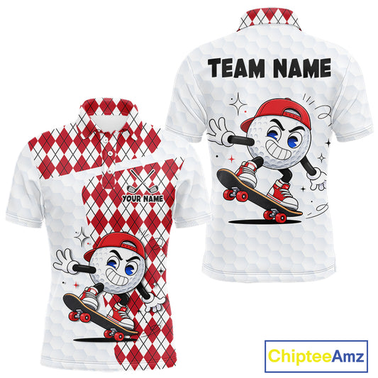 Mens Golf Polo Shirt Argyle Pattern Golf Shirts For Mens Funny Golf Ball Shirt Gifts|Red NHT861