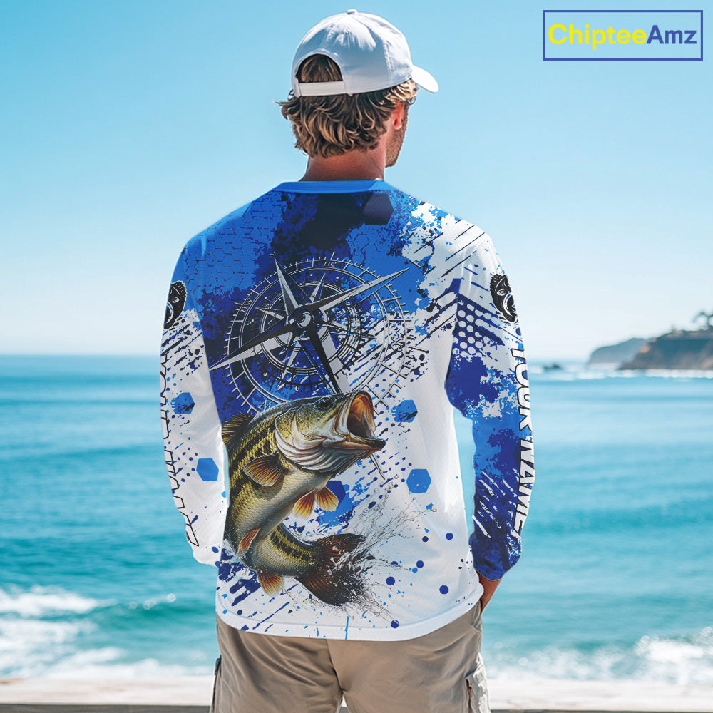 Blue Camo Custom Largemouth Bass Compass Long Sleeve Tournament Fishing Shirts NHT527