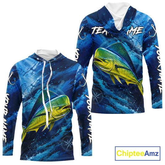 Back view of custom mahi mahi hooded fishing shirt made from lightweight polyester with UPF 30+ sun protection.