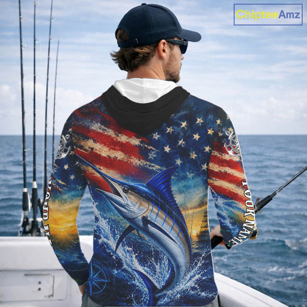 Marlin Fishing Shirt American Flag 3D All Over Print Long Sleeve Hooded Performance Apparel For Men NHT1088
