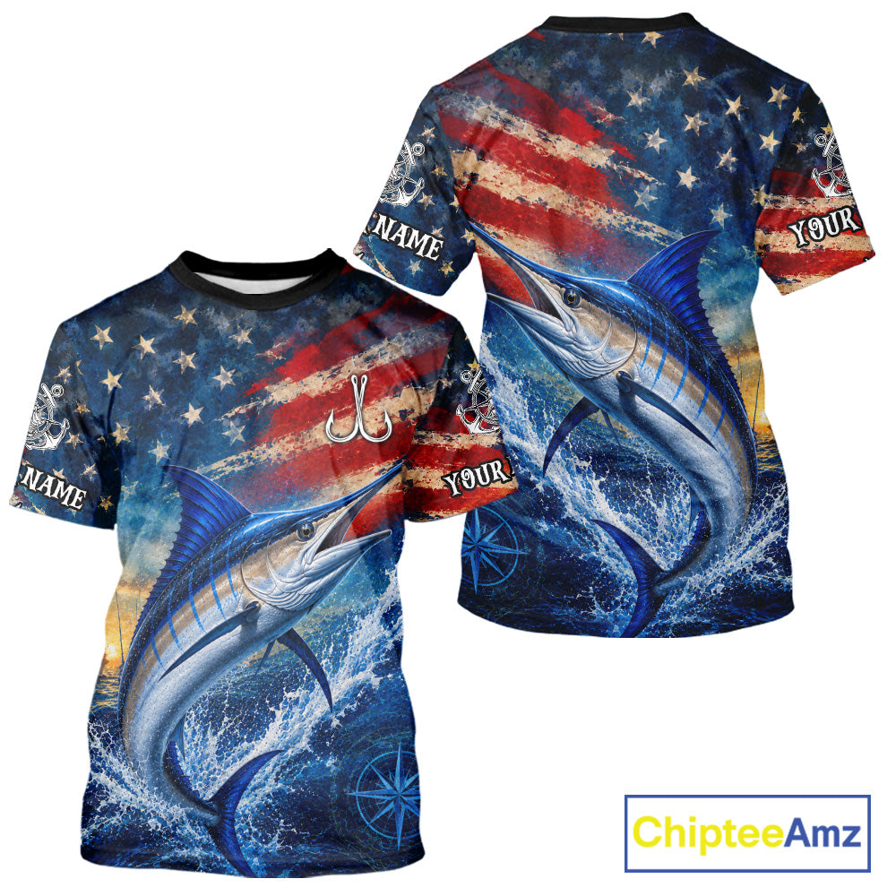 Marlin Short Sleeve T-Shirt American Flag 3D All Over Print Long Sleeve Performance Apparel For Men