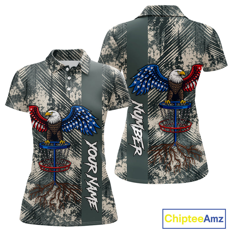 Disc Golf Polo Shirt With Patriotic Eagle Design, Customizable Name, Unisex Sports Jersey For Womens NHT806
