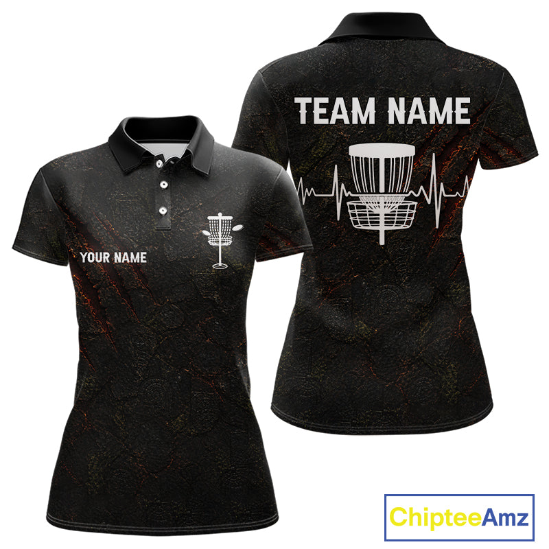Black Flame Disc Golf Womens Polo Shirts Custom Name Disc Golf Polo Shirts Black Athletic Style NHT834