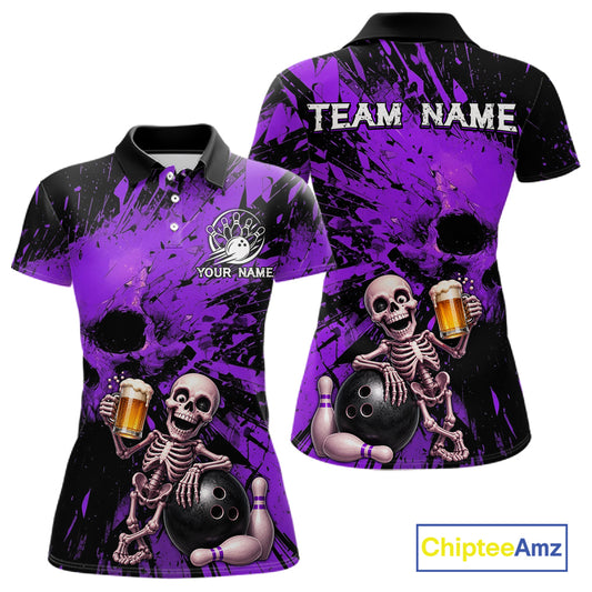 Custom Skeleton Beer Bowling Jersey, Purple Splatter Skull Polo & Quarter-Zip Shirt Gift For Women