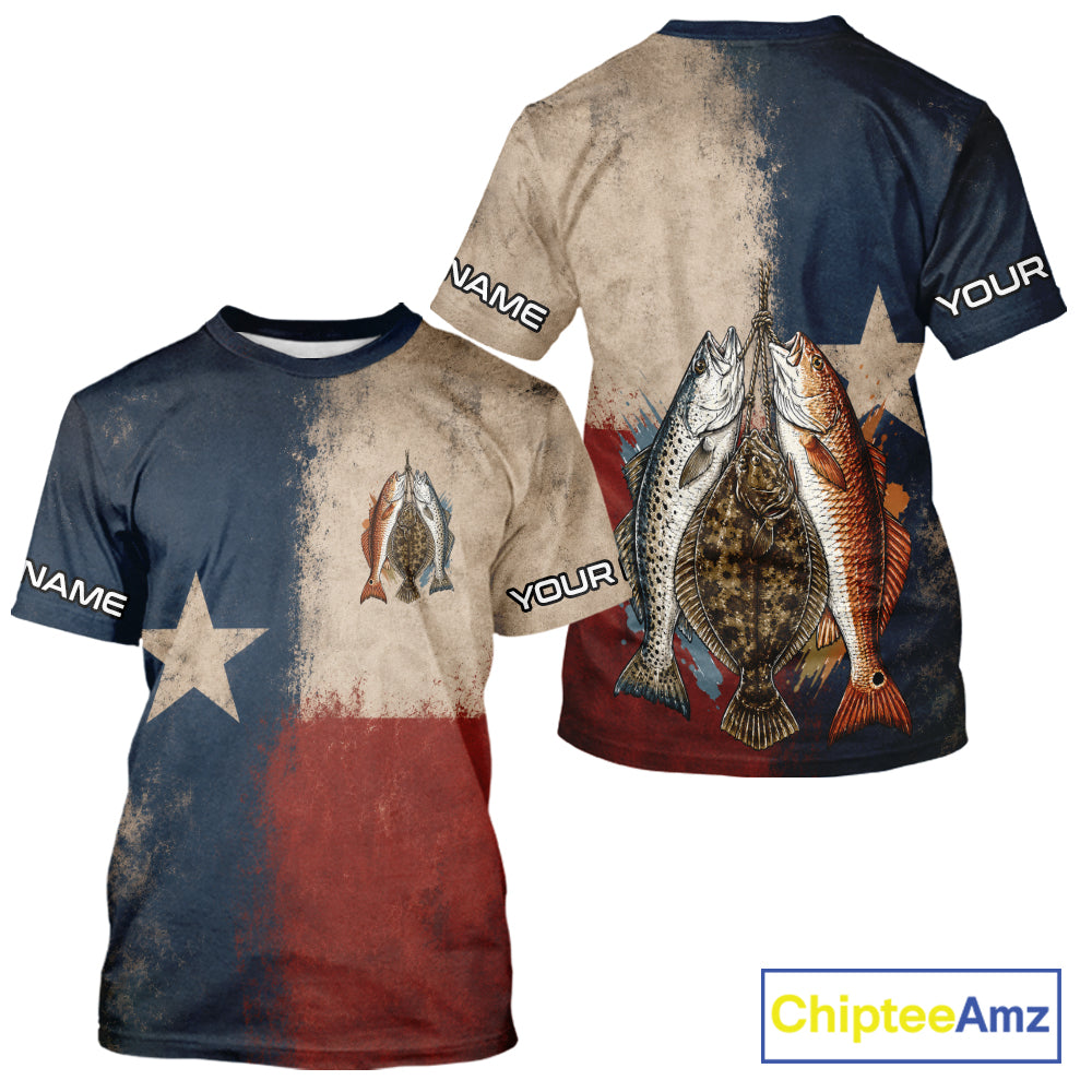 Texas Slam Speckled Trout Flounder Redfish Short Sleeve Fishing T-Shirts , Texas Flag UV Performance Fishing Apparel