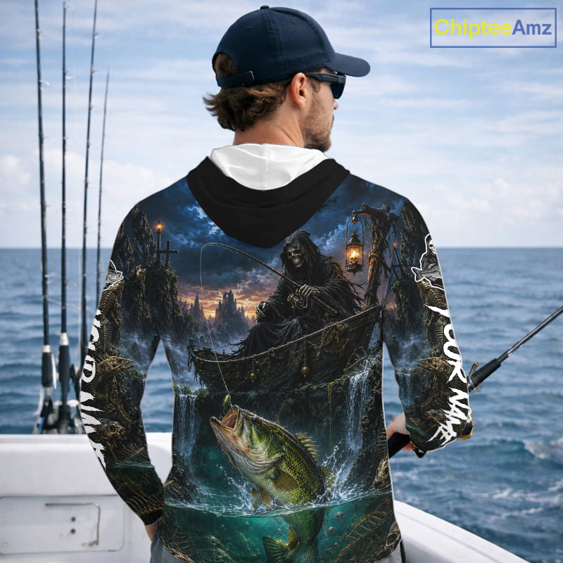 Grim Reaper Fishing Jersey, Largemouth Bass Long Sleeve Hooded UV Performance Shirt For Men