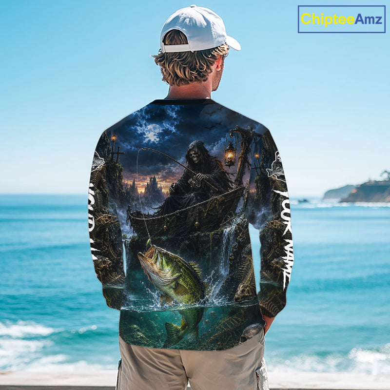 Grim Reaper Fishing Jersey, Largemouth Bass Long Sleeve UV Performance Shirt For Men
