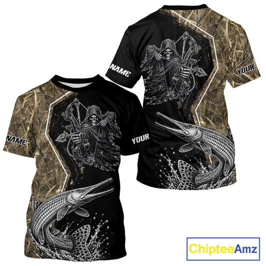 Bowfishing Shirt With Grim Reaper & Alligator Gar Fish Camo Design, Fishing Shirts Short Sleeve For Men NHT1372