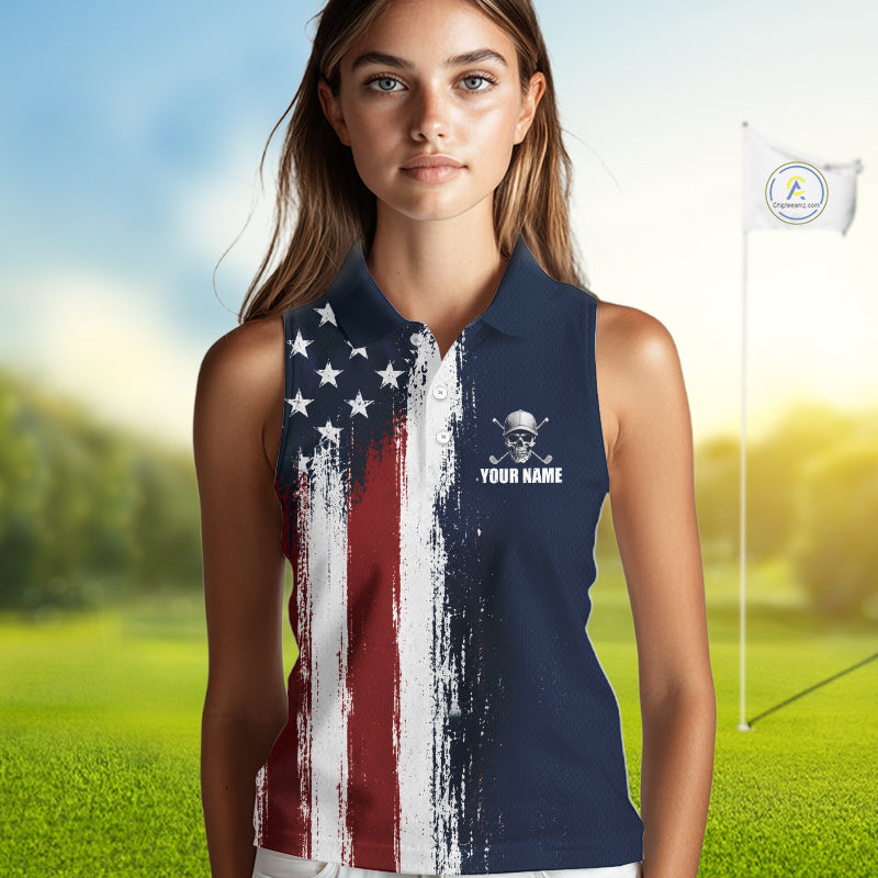 Personalized Skull Eagle Womens Sleeveless Golf Polo Shirt American Flag Patriotic Golf Shirt Custom Name