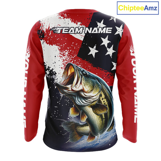 Personalized Bass Fishing Jerseys, Custom American Flag Bass Fishing Shirts Long Sleeve NHT414