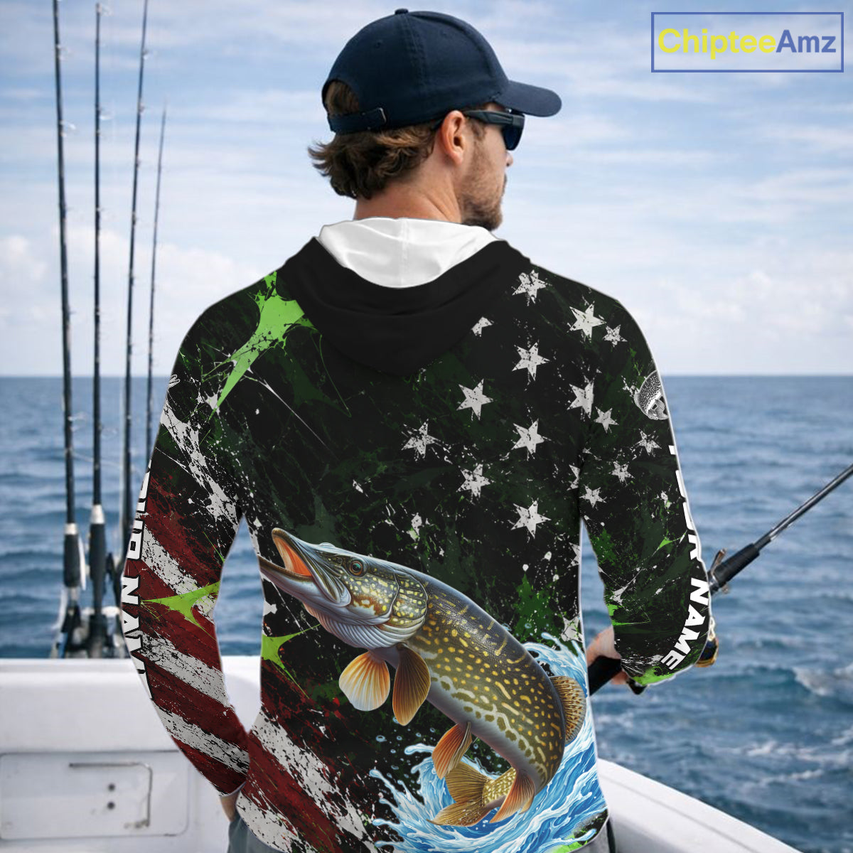 Best Pike Fishing Shirts Long Sleeve Hooded American Flag Patriotic Custom Name Fishing Tournament NHT965