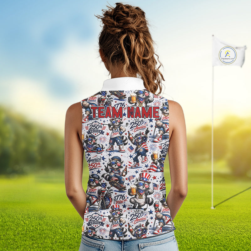 Funny Patriotic Raccoon Personalized Women's Sleeveless Golf Polo Shirt- America 250 Years Golf Gift