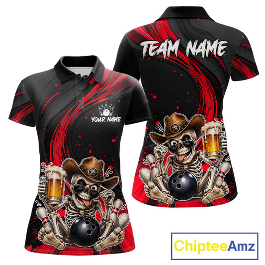 Funny Skeleton Cowboy Women Bowling Shirt, Personalized Red Color Beer Bowler Polo & Quarter-Zip