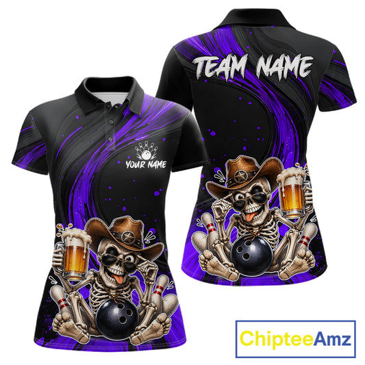Funny Skeleton Cowboy Women Bowling Shirt, Personalized Purple Color Beer Bowler Polo & Quarter-Zip