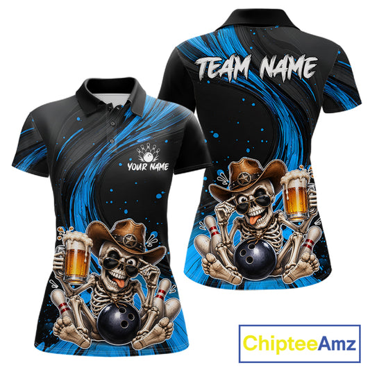 Funny Skeleton Cowboy Women Bowling Shirt, Personalized Blue Color Beer Bowler Polo & Quarter-Zip