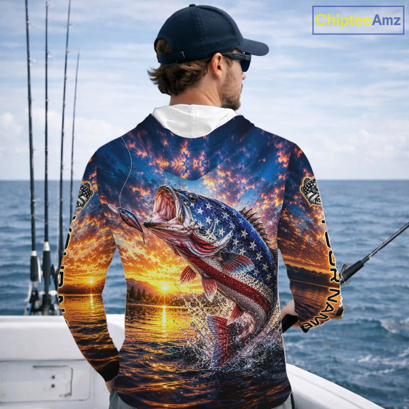American Flag Bass Fishing Jersey – Patriotic Sunset Lake Angler Long Sleeve Hooded For Men