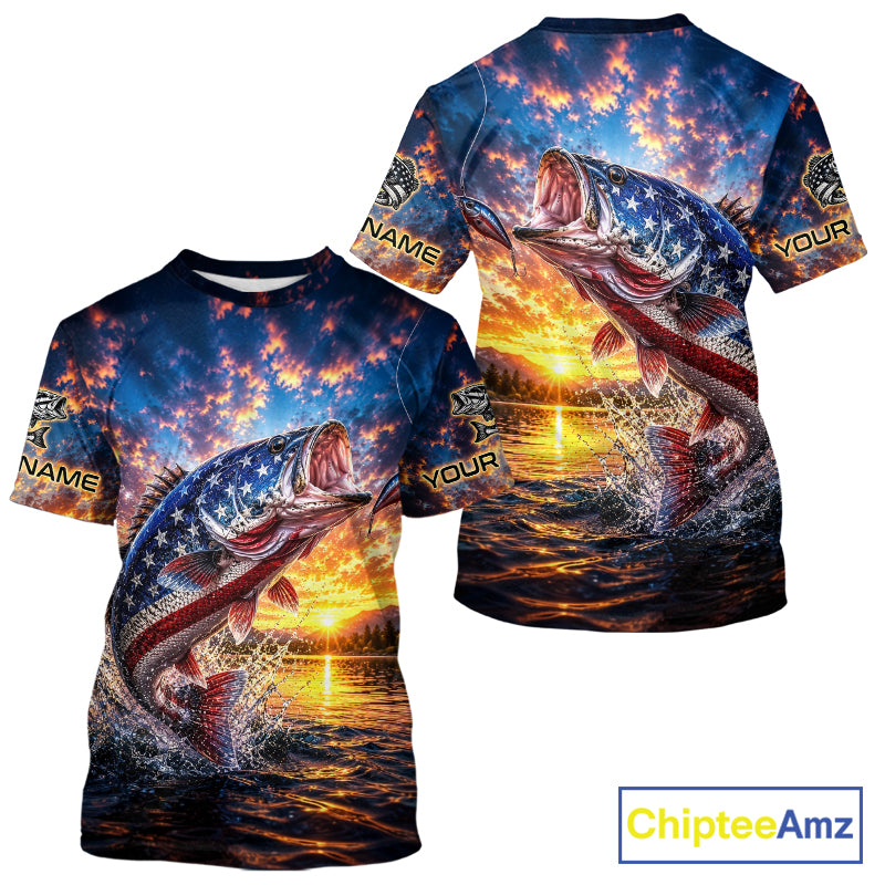 American Flag Bass Fishing Jersey – Patriotic Sunset Lake Angler T-Shirt For Men NHT1031