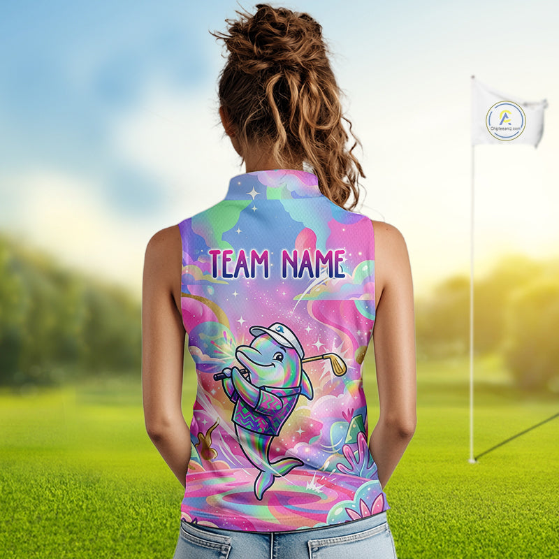 Funny Pastel Dolphin Womens Sleeveless Golf Polo Shirt Custom Ocean Golf Shirt, Polo Gift For Golf Lovers NHT897