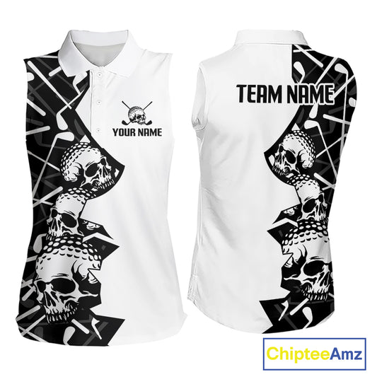 Custom Skull Womens Sleeveless Golf Polo Shirt Personalized Name, Golf Team Polo Jersey| Black