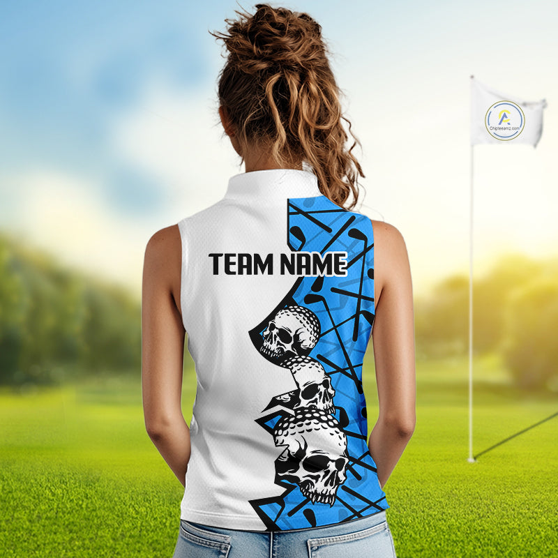 Custom Skull Womens Sleeveless Golf Polo Shirt Personalized Name, Golf Team Polo Jersey| Blue