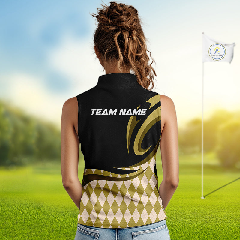 Personalized Womens Sleeveless Golf Polo Shirt Custom Name, Black Yellow Argyle Golf Team Polo