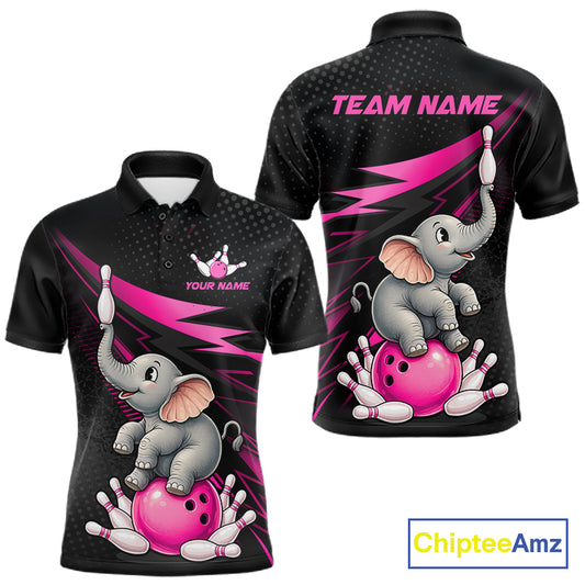 Custom black short-sleeve polo shirt with a cartoon baby elephant sitting on a pink bowling ball and bowling pins, shown from both front and back views. Features customizable text placeholders 'YOUR NAME' and 'TEAM NAME'.