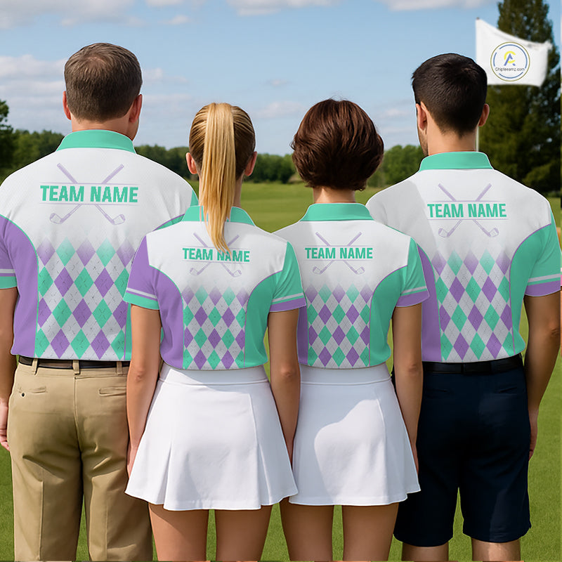 Argyle Pattern Golf Polo Shirts For Womens Custom Name, Golf Pattern Turquoise Purple Shirt Gifts NHT932