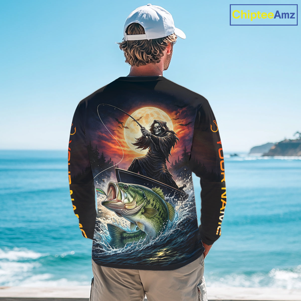 Personalized Fish Reaper Fishing Shirts Jerseys, Fish Reaper Sunset Bass Fishing Shirts Long Sleeve NHT829