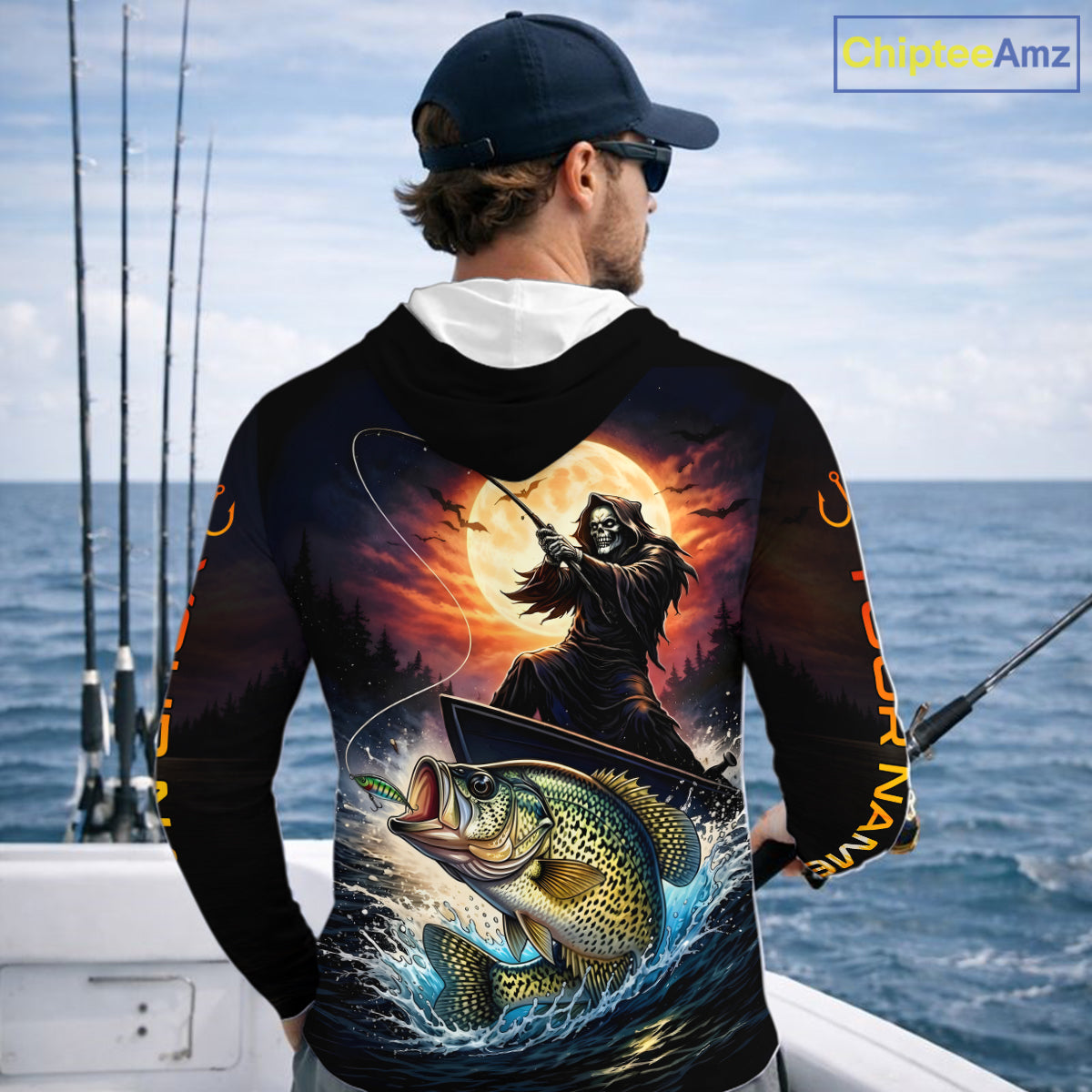 Personalized Fish Reaper Fishing Shirts Jerseys, Fish Reaper Sunset Crappie Fishing Shirts Long Sleeve Hooded NHT831