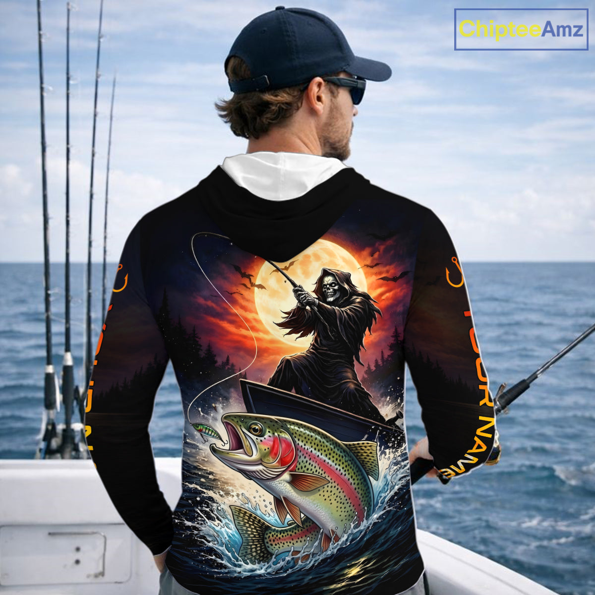 Personalized Fish Reaper Fishing Jerseys, Fish Reaper Sunset Rainbow Trout Fishing Shirts Long Sleeve Hooded NHT832