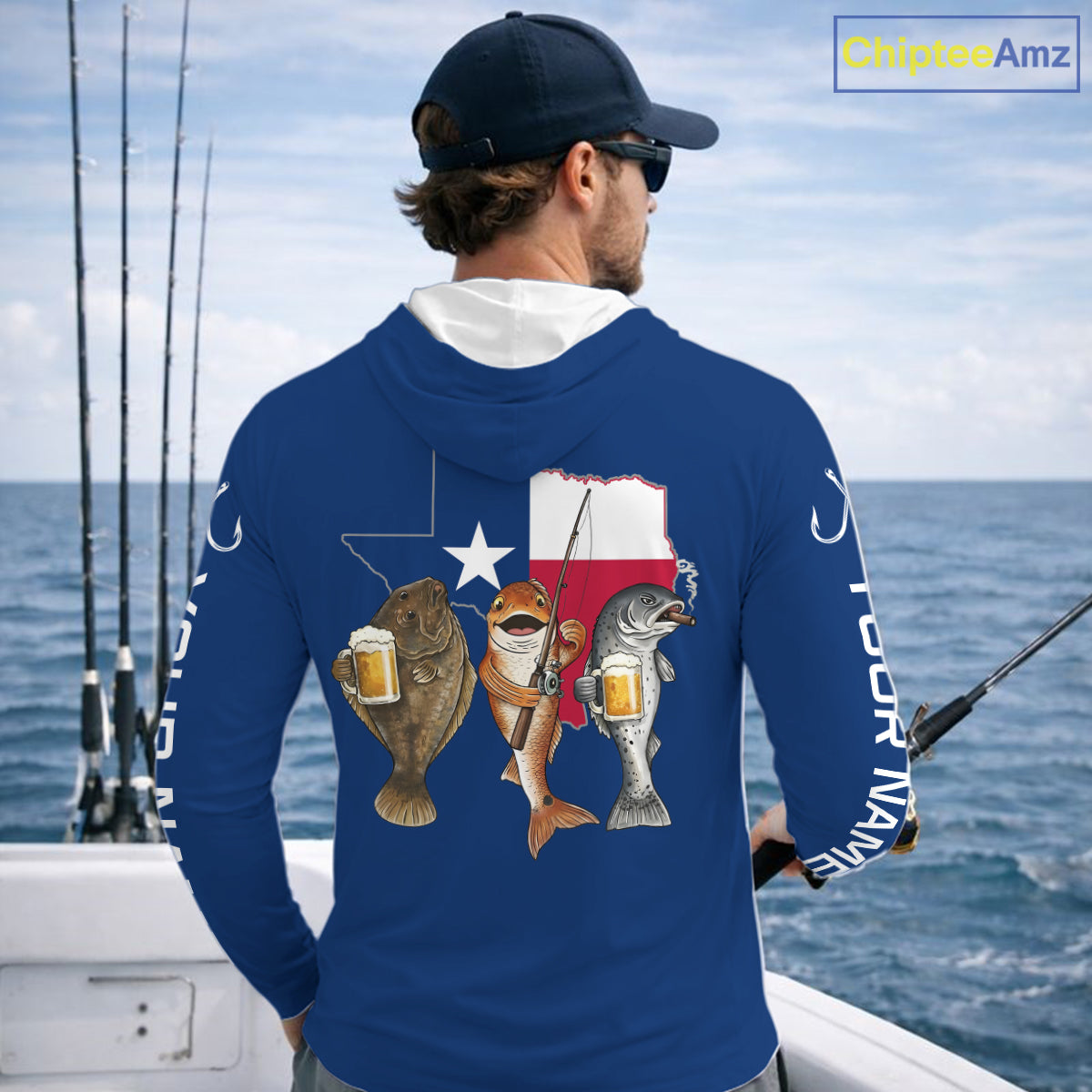Texas Slam Funny Fishing Redfish, Trout, Flounder Fishing Shirts Long Sleeve Hooded For Men| Blue Navy NHT845