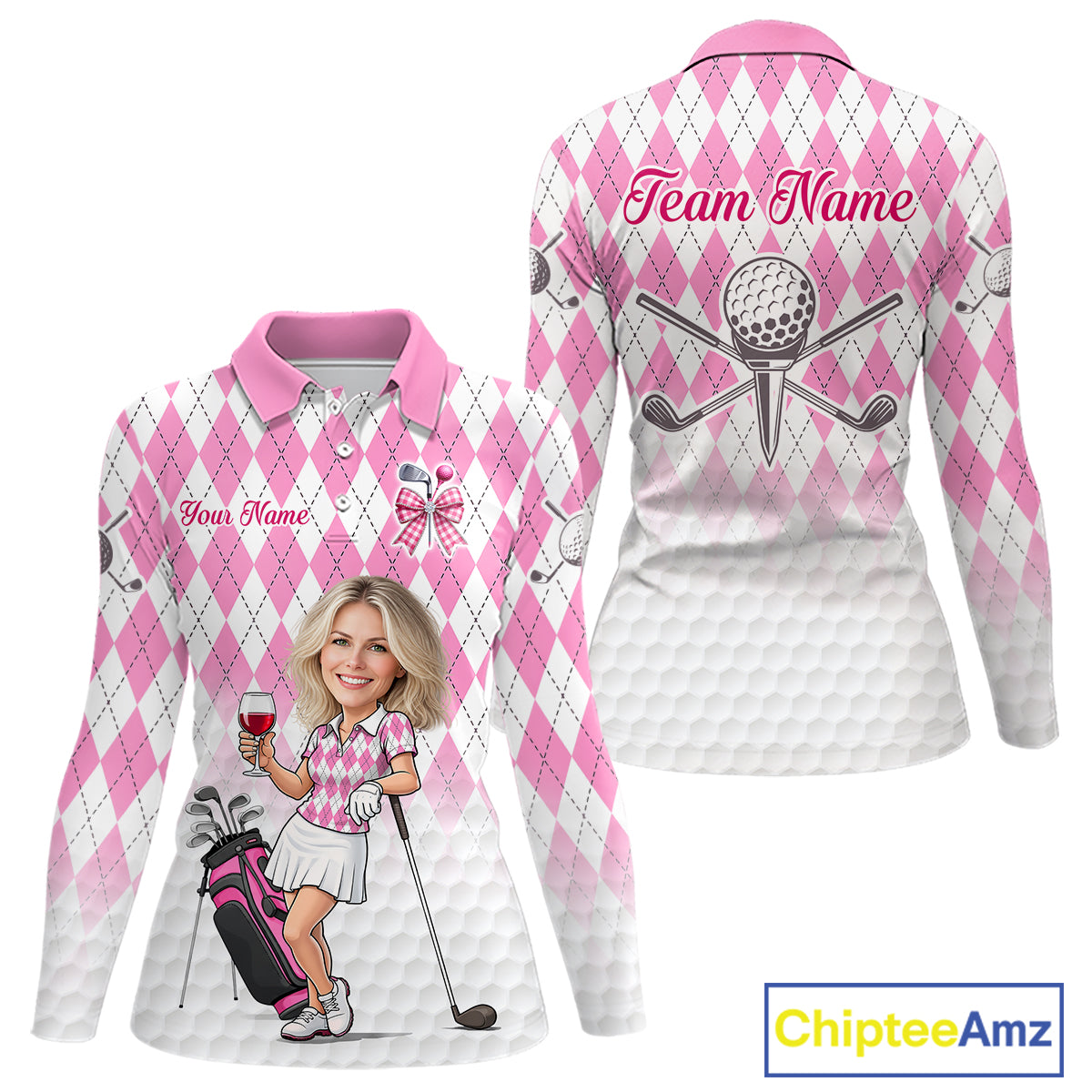 Personalized Argyle Style Funny Womens Golf Polo Shirt Gift For Mother's Day – Custom Face Portrait Cartoon Design NHT662